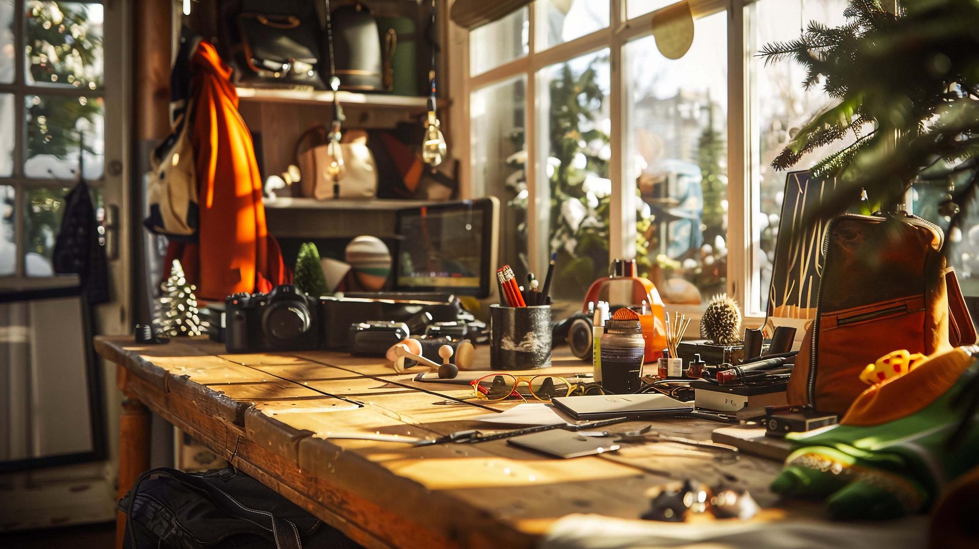 Interior of small cooking studio with wooden table and tools